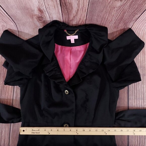 Lilly Pulitzer Size 4 Kelli Black Long Belted Trench Coat Jacket Ruffles Collar - Picture 14 of 16